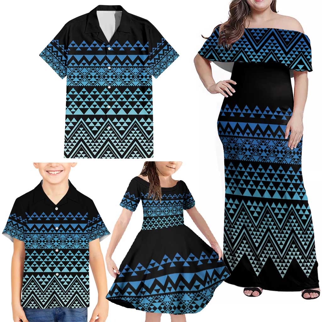 Maori Niho Taniwha Te Wheiao Family Matching Off Shoulder Maxi Dress and Hawaiian Shirt Moana Blue LT7 - Polynesian Pride