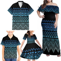 Maori Niho Taniwha Te Wheiao Family Matching Off Shoulder Maxi Dress and Hawaiian Shirt Moana Blue LT7 - Polynesian Pride