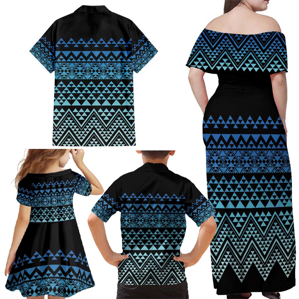Maori Niho Taniwha Te Wheiao Family Matching Off Shoulder Maxi Dress and Hawaiian Shirt Moana Blue LT7 - Polynesian Pride