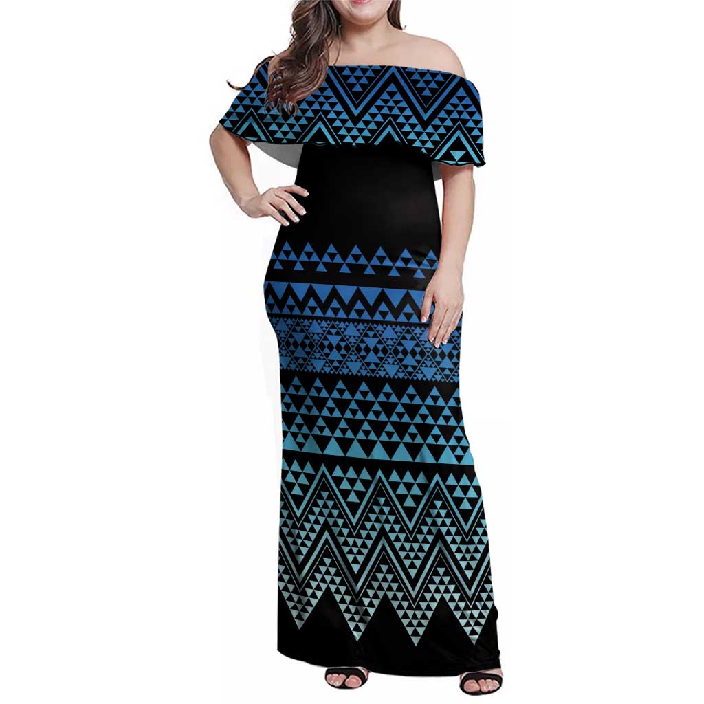 Maori Niho Taniwha Te Wheiao Family Matching Off Shoulder Maxi Dress and Hawaiian Shirt Moana Blue LT7 Mom's Dress Blue - Polynesian Pride