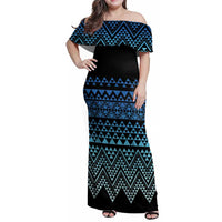 Maori Niho Taniwha Te Wheiao Family Matching Off Shoulder Maxi Dress and Hawaiian Shirt Moana Blue LT7 Mom's Dress Blue - Polynesian Pride