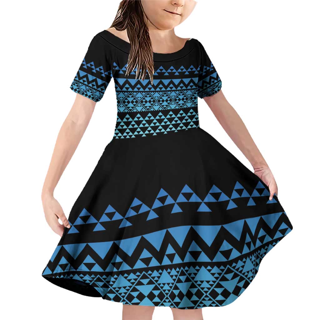 Maori Niho Taniwha Te Wheiao Family Matching Off Shoulder Short Dress and Hawaiian Shirt Moana Blue LT7 Daughter's Dress Blue - Polynesian Pride