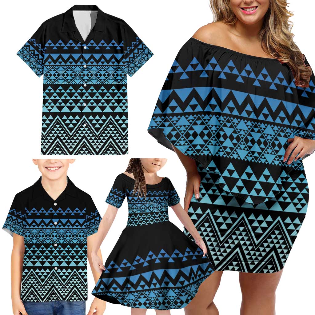 Maori Niho Taniwha Te Wheiao Family Matching Off Shoulder Short Dress and Hawaiian Shirt Moana Blue LT7 - Polynesian Pride