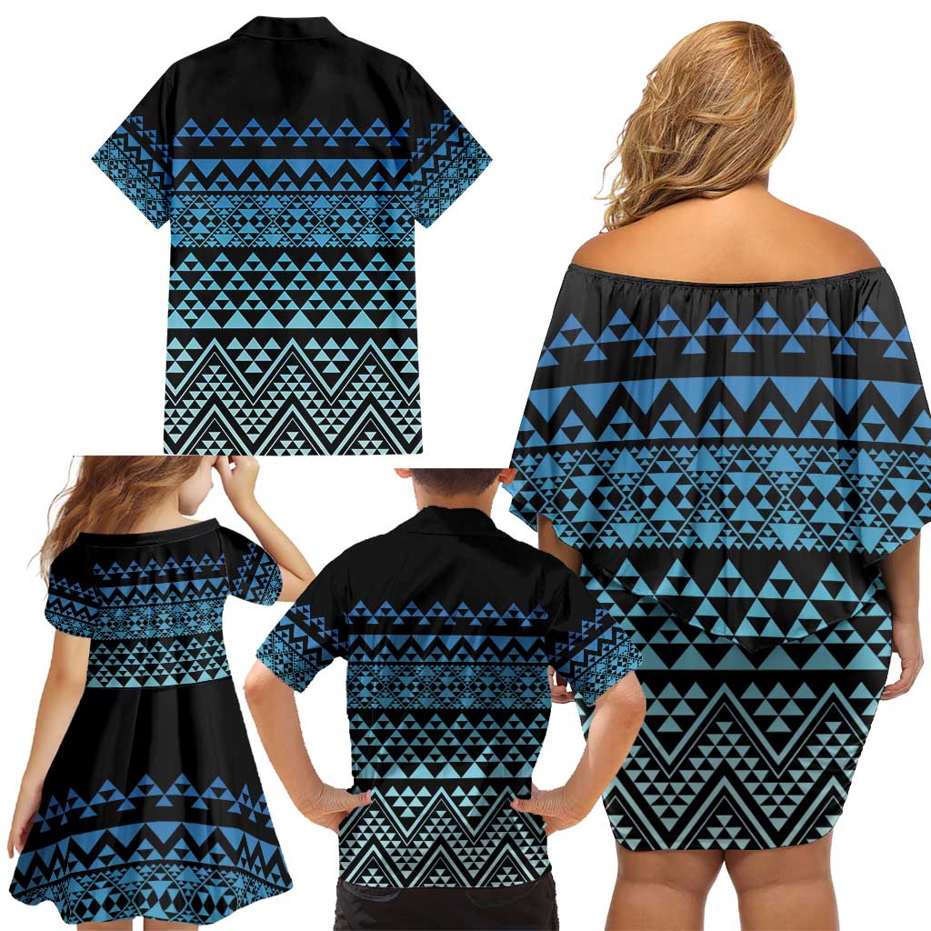 Maori Niho Taniwha Te Wheiao Family Matching Off Shoulder Short Dress and Hawaiian Shirt Moana Blue LT7 - Polynesian Pride
