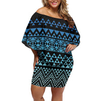 Maori Niho Taniwha Te Wheiao Family Matching Off Shoulder Short Dress and Hawaiian Shirt Moana Blue LT7 Mom's Dress Blue - Polynesian Pride