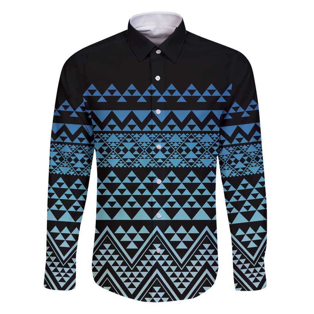 Maori Niho Taniwha Te Wheiao Family Matching Puletasi and Hawaiian Shirt Moana Blue LT7 Dad's Shirt - Long Sleeve Blue - Polynesian Pride
