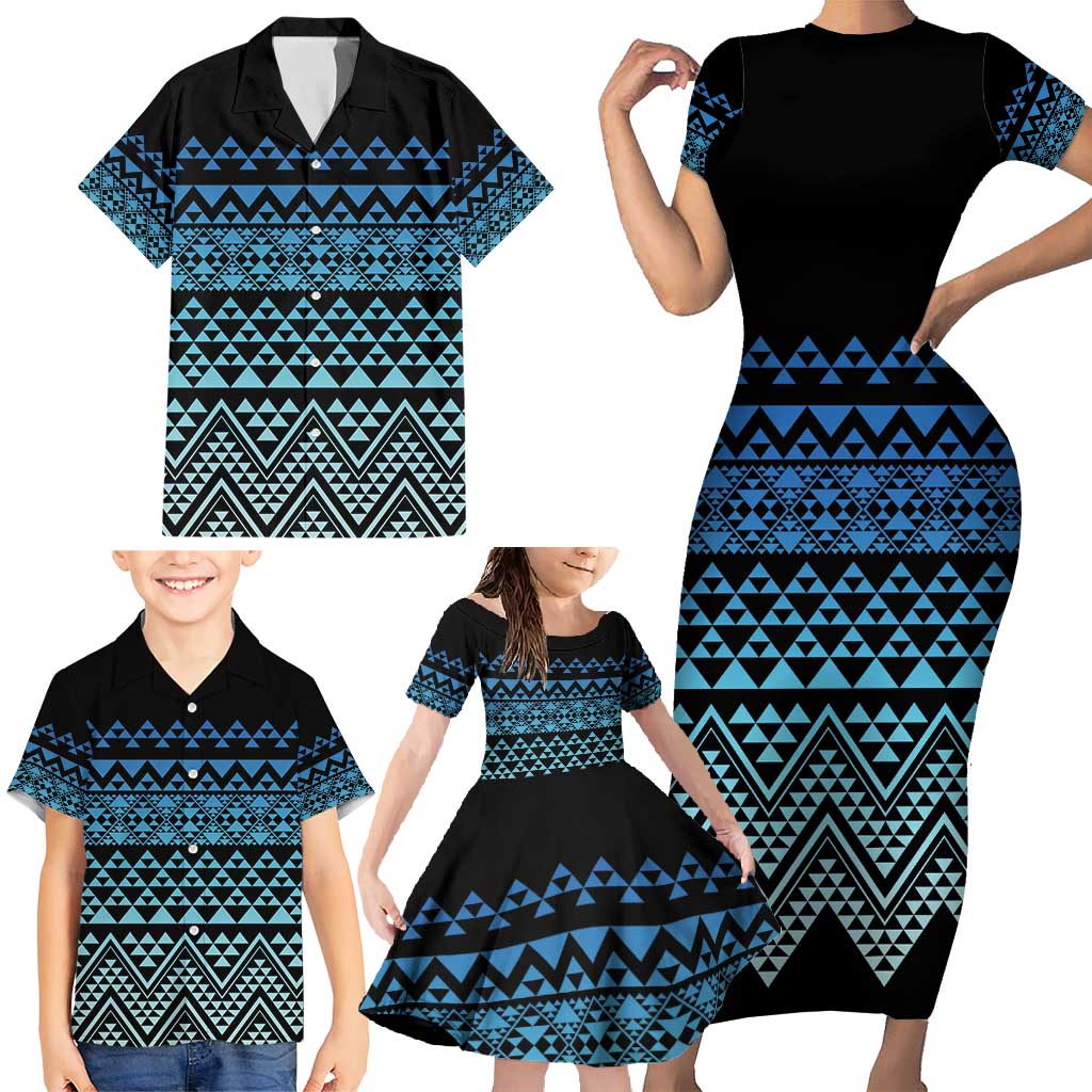 Maori Niho Taniwha Te Wheiao Family Matching Short Sleeve Bodycon Dress and Hawaiian Shirt Moana Blue LT7 - Polynesian Pride