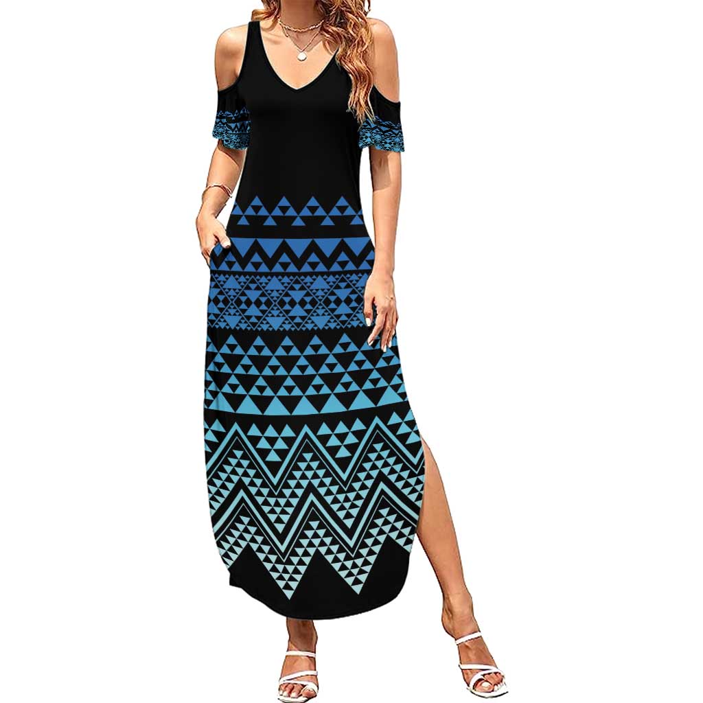 Maori Niho Taniwha Te Wheiao Family Matching Summer Maxi Dress and Hawaiian Shirt Moana Blue LT7 Mom's Dress Blue - Polynesian Pride