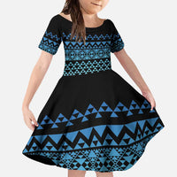 Maori Niho Taniwha Te Wheiao Family Matching Tank Maxi Dress and Hawaiian Shirt Moana Blue LT7 Daughter's Dress Blue - Polynesian Pride