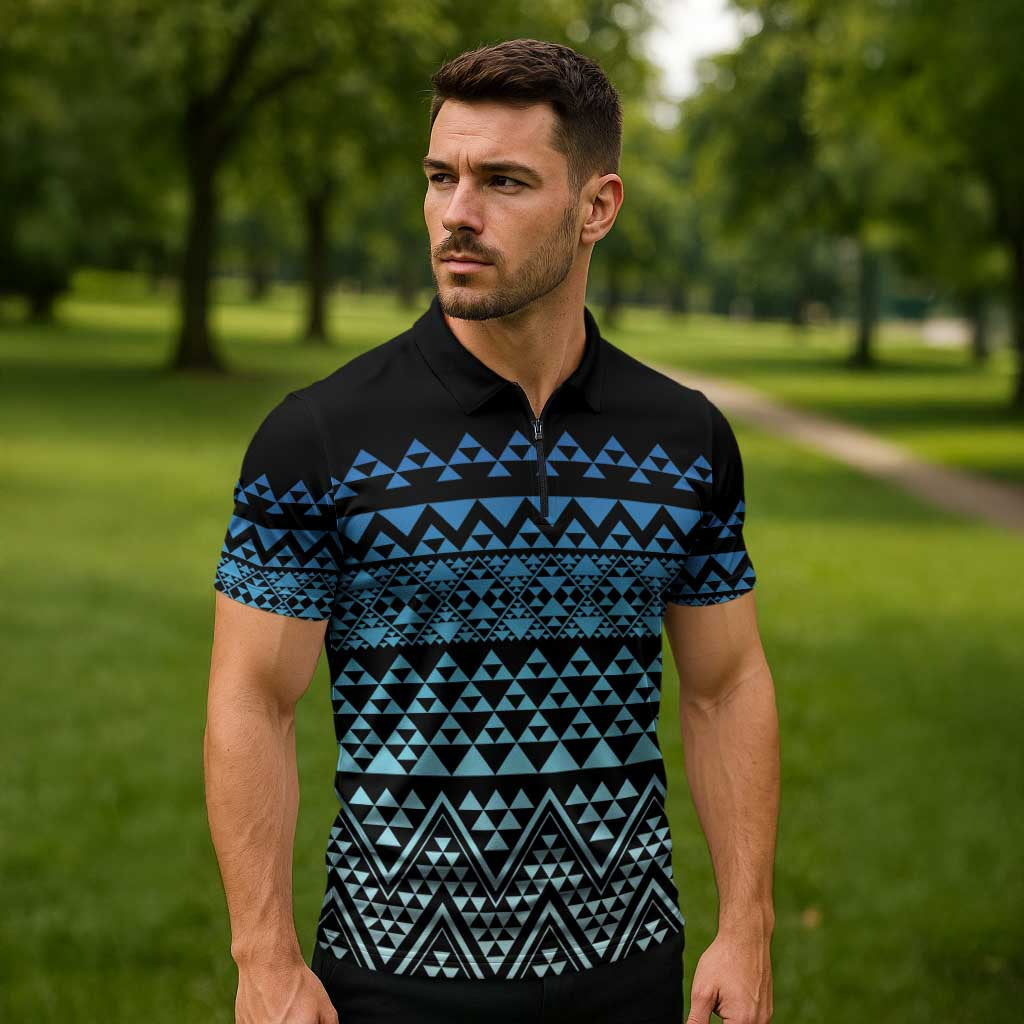 Maori Niho Taniwha Te Wheiao Zipper Polo Shirt Moana Blue - Polynesian Pride