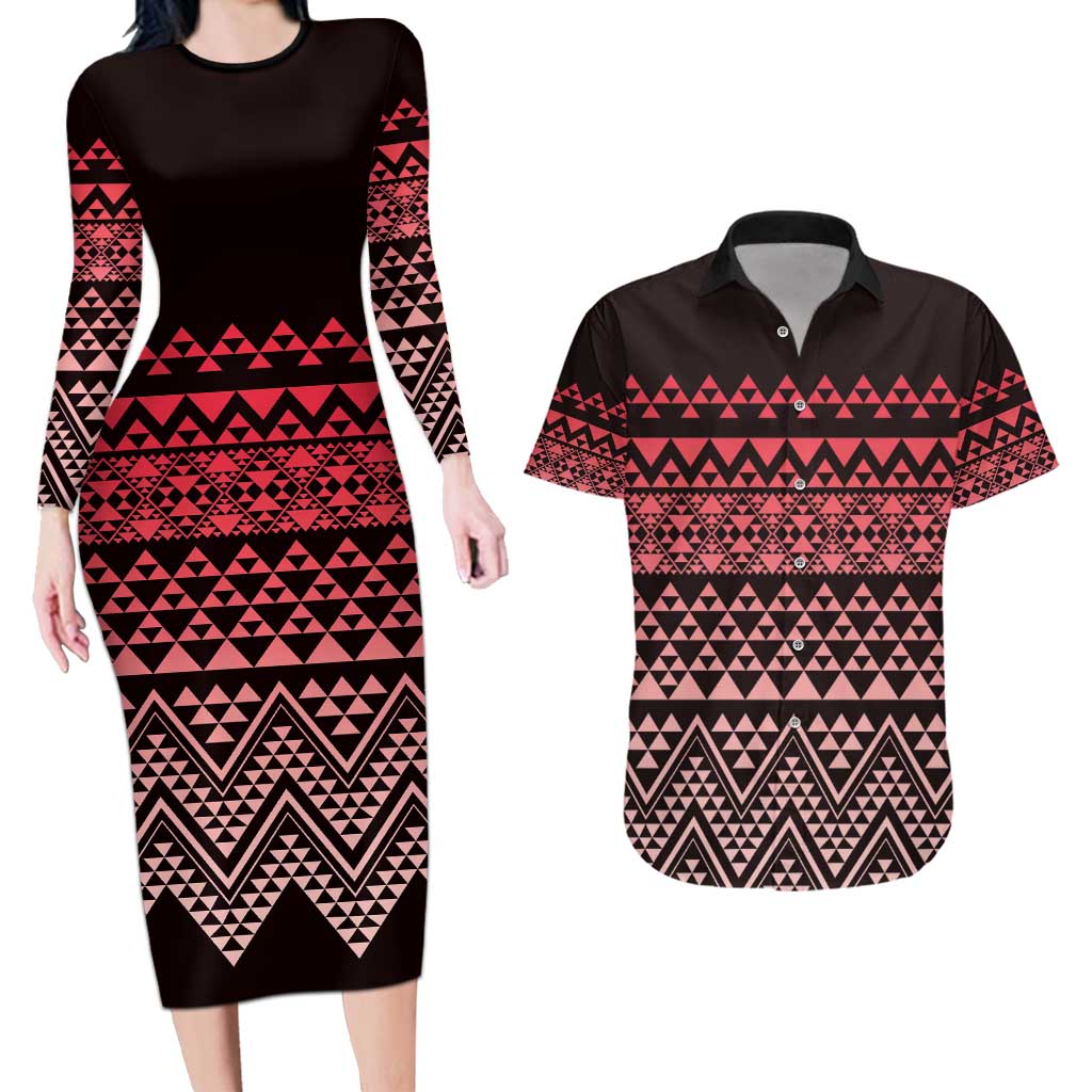 Maori Niho Taniwha Te Wheiao Couples Matching Long Sleeve Bodycon Dress and Hawaiian Shirt Terracotta - Polynesian Pride
