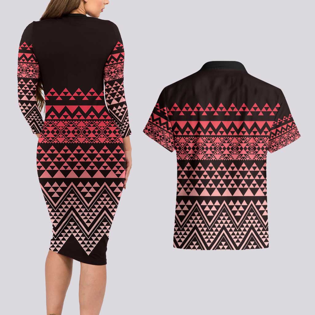 Maori Niho Taniwha Te Wheiao Couples Matching Long Sleeve Bodycon Dress and Hawaiian Shirt Terracotta LT7 - Polynesian Pride
