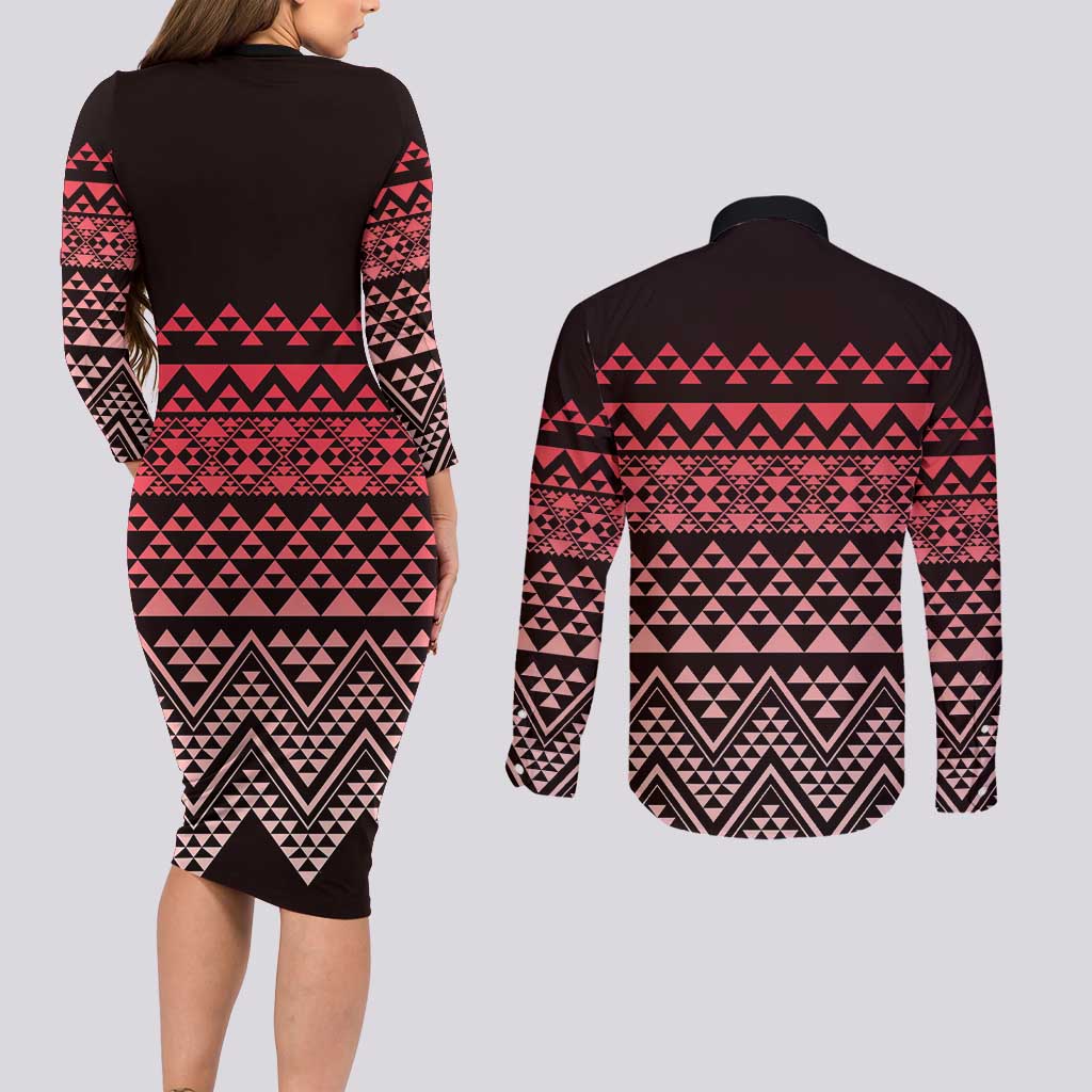 Maori Niho Taniwha Te Wheiao Couples Matching Long Sleeve Bodycon Dress and Long Sleeve Button Shirt Terracotta - Polynesian Pride