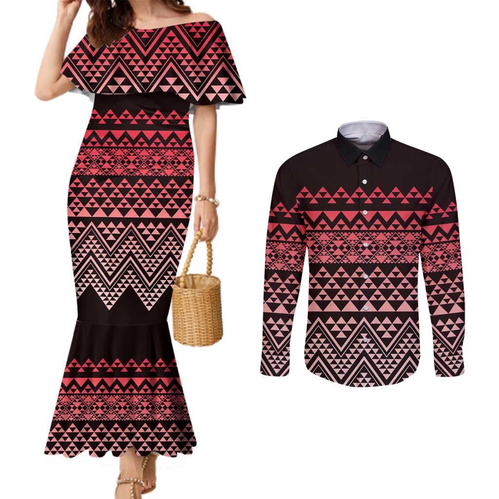 Maori Niho Taniwha Te Wheiao Couples Matching Mermaid Dress and Long Sleeve Button Shirt Terracotta - Polynesian Pride