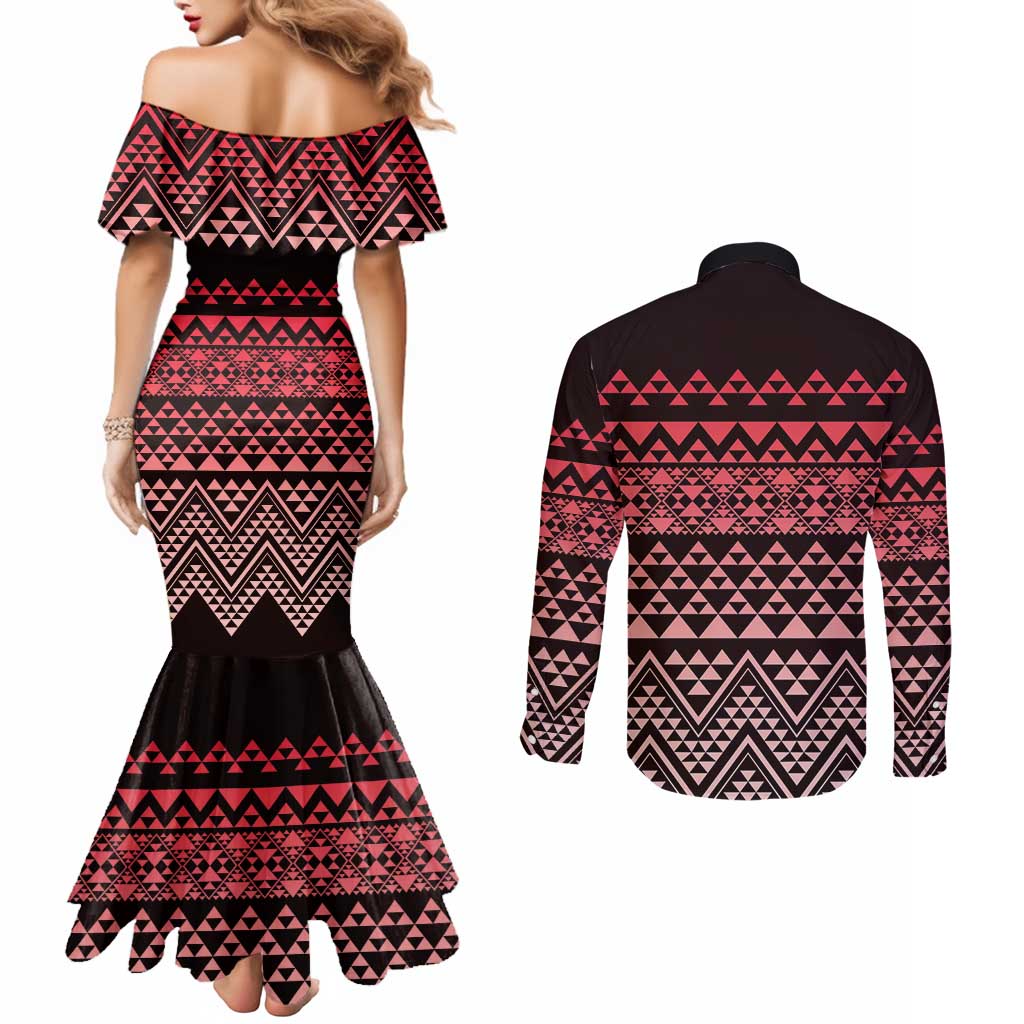 Maori Niho Taniwha Te Wheiao Couples Matching Mermaid Dress and Long Sleeve Button Shirt Terracotta - Polynesian Pride