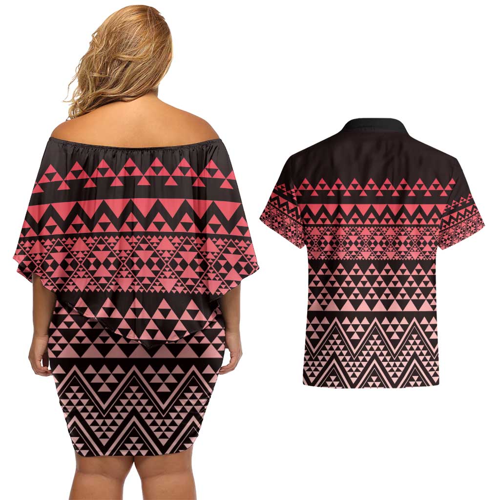 Maori Niho Taniwha Te Wheiao Couples Matching Off Shoulder Short Dress and Hawaiian Shirt Terracotta - Polynesian Pride