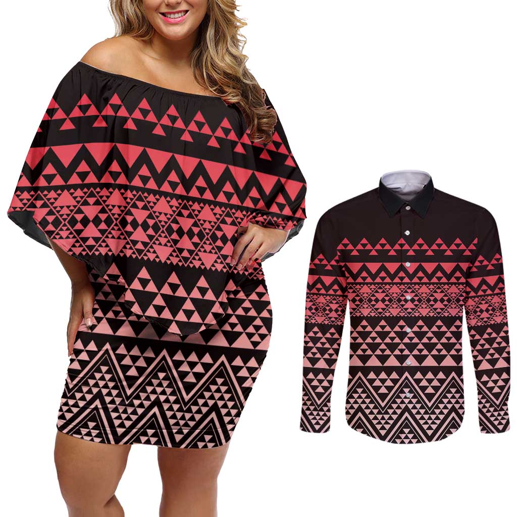 Maori Niho Taniwha Te Wheiao Couples Matching Off Shoulder Short Dress and Long Sleeve Button Shirt Terracotta - Polynesian Pride