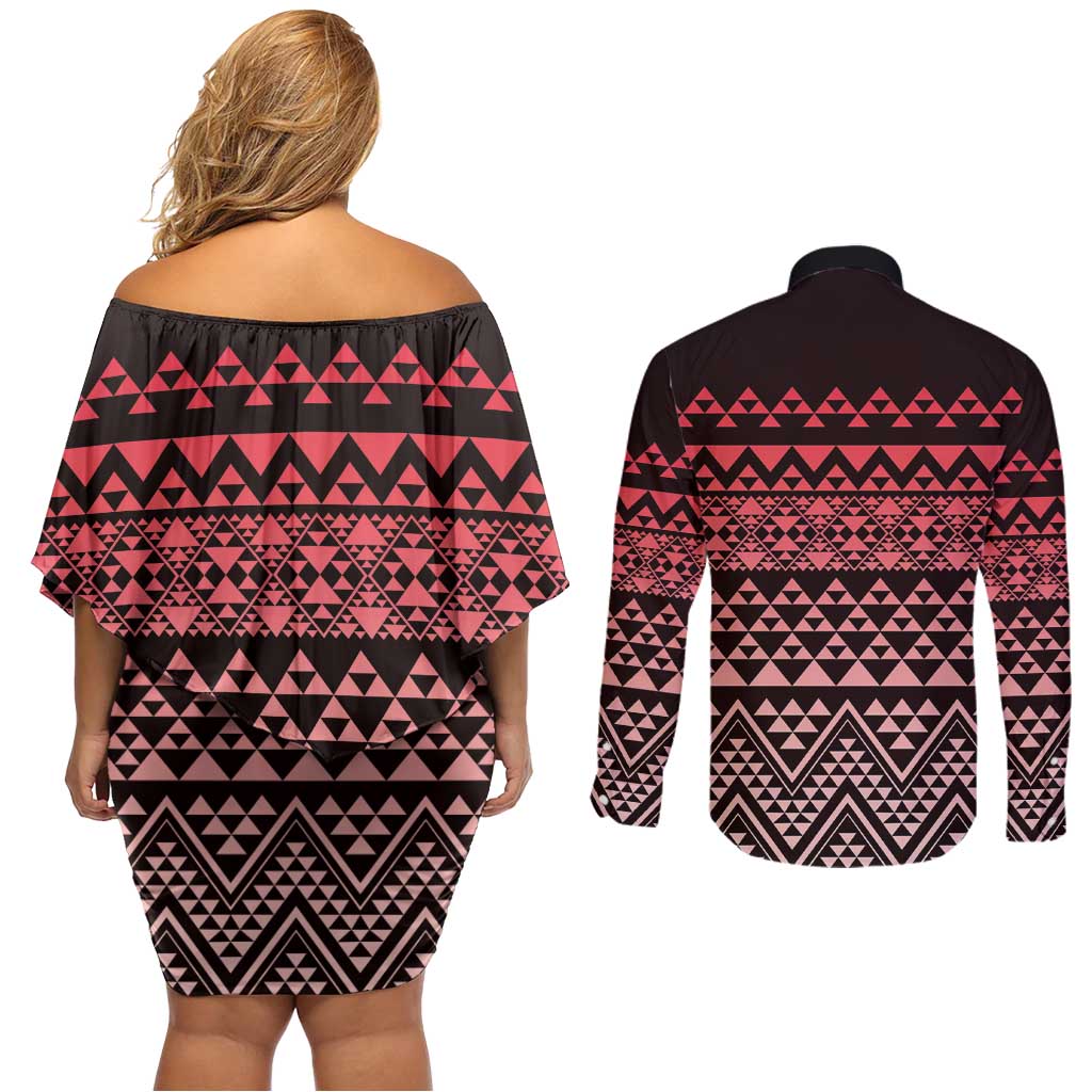 Maori Niho Taniwha Te Wheiao Couples Matching Off Shoulder Short Dress and Long Sleeve Button Shirt Terracotta - Polynesian Pride