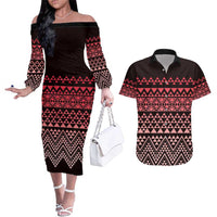 Maori Niho Taniwha Te Wheiao Couples Matching Off The Shoulder Long Sleeve Dress and Hawaiian Shirt Terracotta LT7 Terracotta - Polynesian Pride