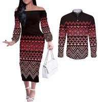 Maori Niho Taniwha Te Wheiao Couples Matching Off The Shoulder Long Sleeve Dress and Long Sleeve Button Shirt Terracotta LT7 Terracotta - Polynesian Pride