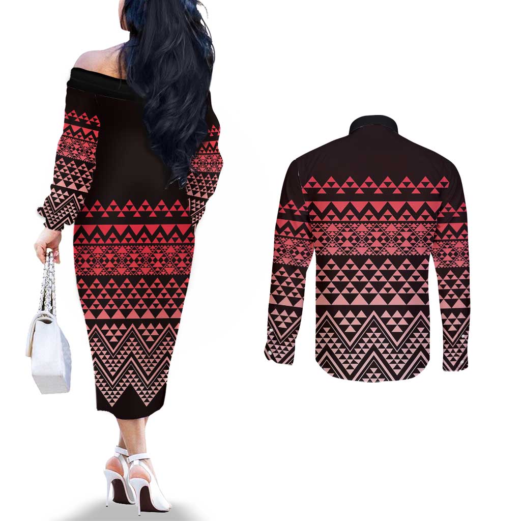Maori Niho Taniwha Te Wheiao Couples Matching Off The Shoulder Long Sleeve Dress and Long Sleeve Button Shirt Terracotta LT7 - Polynesian Pride