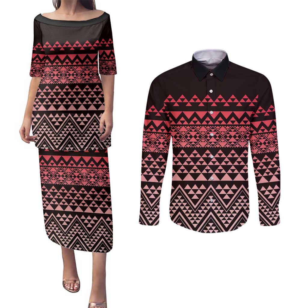 Maori Niho Taniwha Te Wheiao Couples Matching Puletasi and Long Sleeve Button Shirt Terracotta LT7 Terracotta - Polynesian Pride