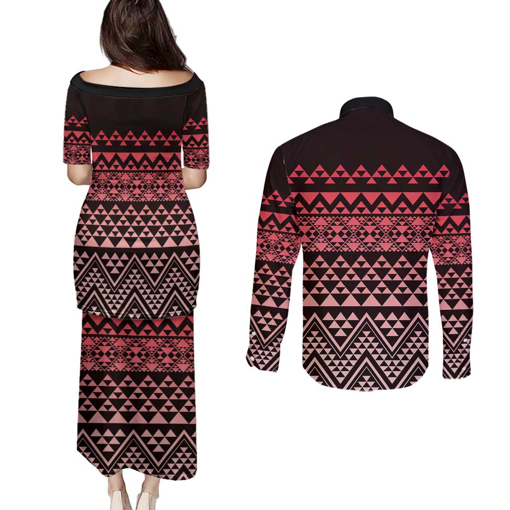 Maori Niho Taniwha Te Wheiao Couples Matching Puletasi and Long Sleeve Button Shirt Terracotta - Polynesian Pride