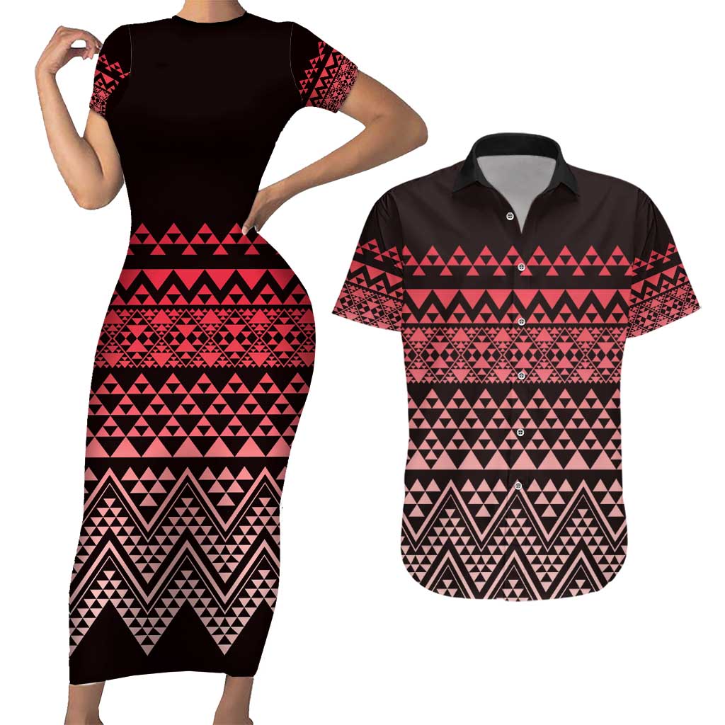 Maori Niho Taniwha Te Wheiao Couples Matching Short Sleeve Bodycon Dress and Hawaiian Shirt Terracotta LT7 Terracotta - Polynesian Pride