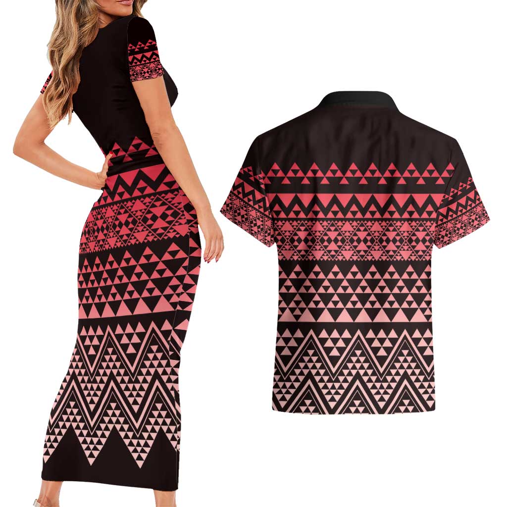 Maori Niho Taniwha Te Wheiao Couples Matching Short Sleeve Bodycon Dress and Hawaiian Shirt Terracotta LT7 - Polynesian Pride