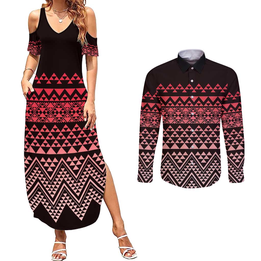 Maori Niho Taniwha Te Wheiao Couples Matching Summer Maxi Dress and Long Sleeve Button Shirt Terracotta - Polynesian Pride