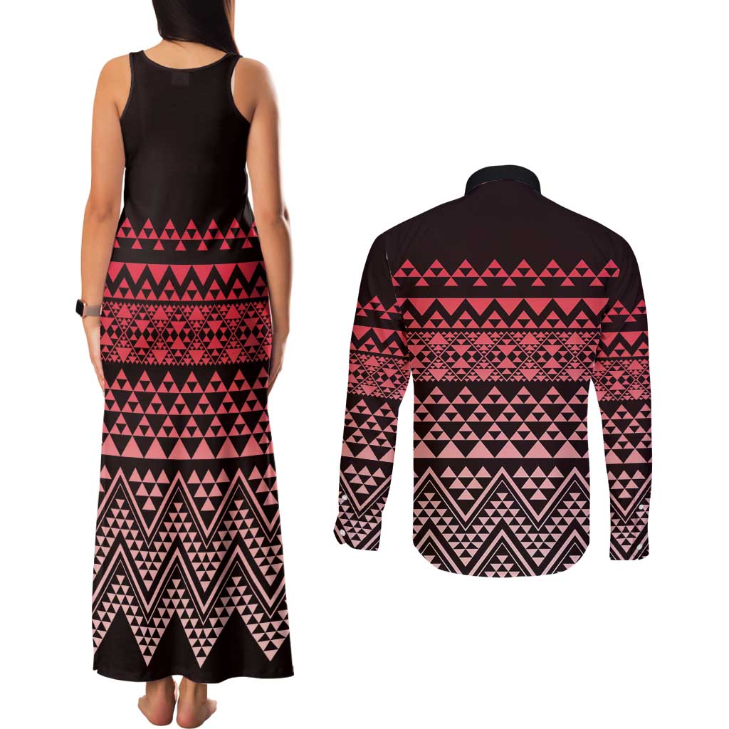 Maori Niho Taniwha Te Wheiao Couples Matching Tank Maxi Dress and Long Sleeve Button Shirt Terracotta - Polynesian Pride