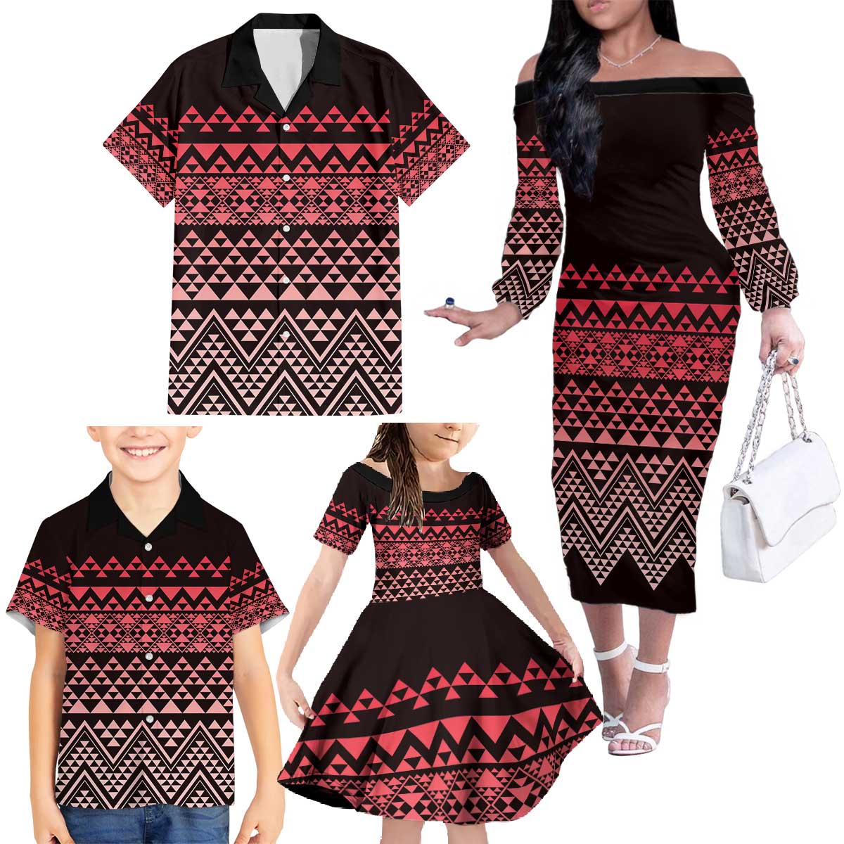 Maori Niho Taniwha Te Wheiao Family Matching Off The Shoulder Long Sleeve Dress and Hawaiian Shirt Terracotta LT7 - Polynesian Pride