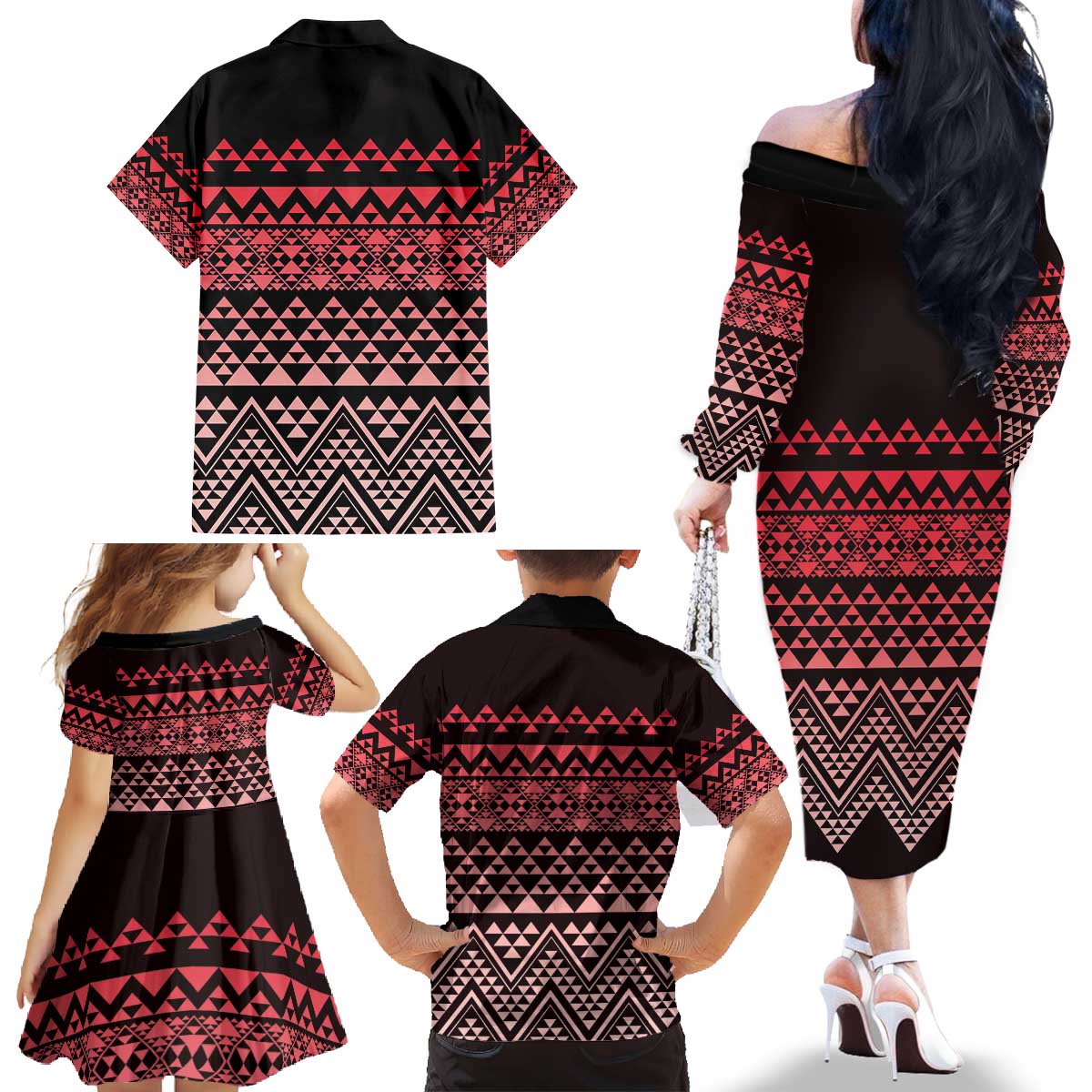 Maori Niho Taniwha Te Wheiao Family Matching Off The Shoulder Long Sleeve Dress and Hawaiian Shirt Terracotta LT7 - Polynesian Pride