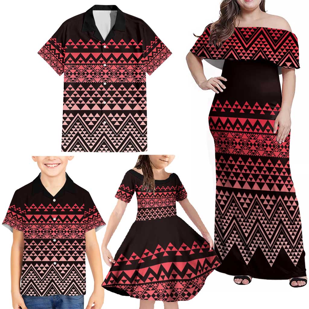 Maori Niho Taniwha Te Wheiao Family Matching Off Shoulder Maxi Dress and Hawaiian Shirt Terracotta LT7 - Polynesian Pride