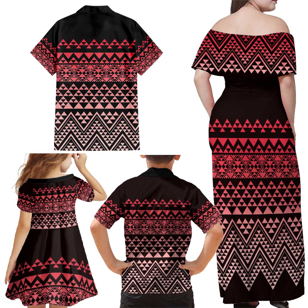 Maori Niho Taniwha Te Wheiao Family Matching Off Shoulder Maxi Dress and Hawaiian Shirt Terracotta LT7 - Polynesian Pride
