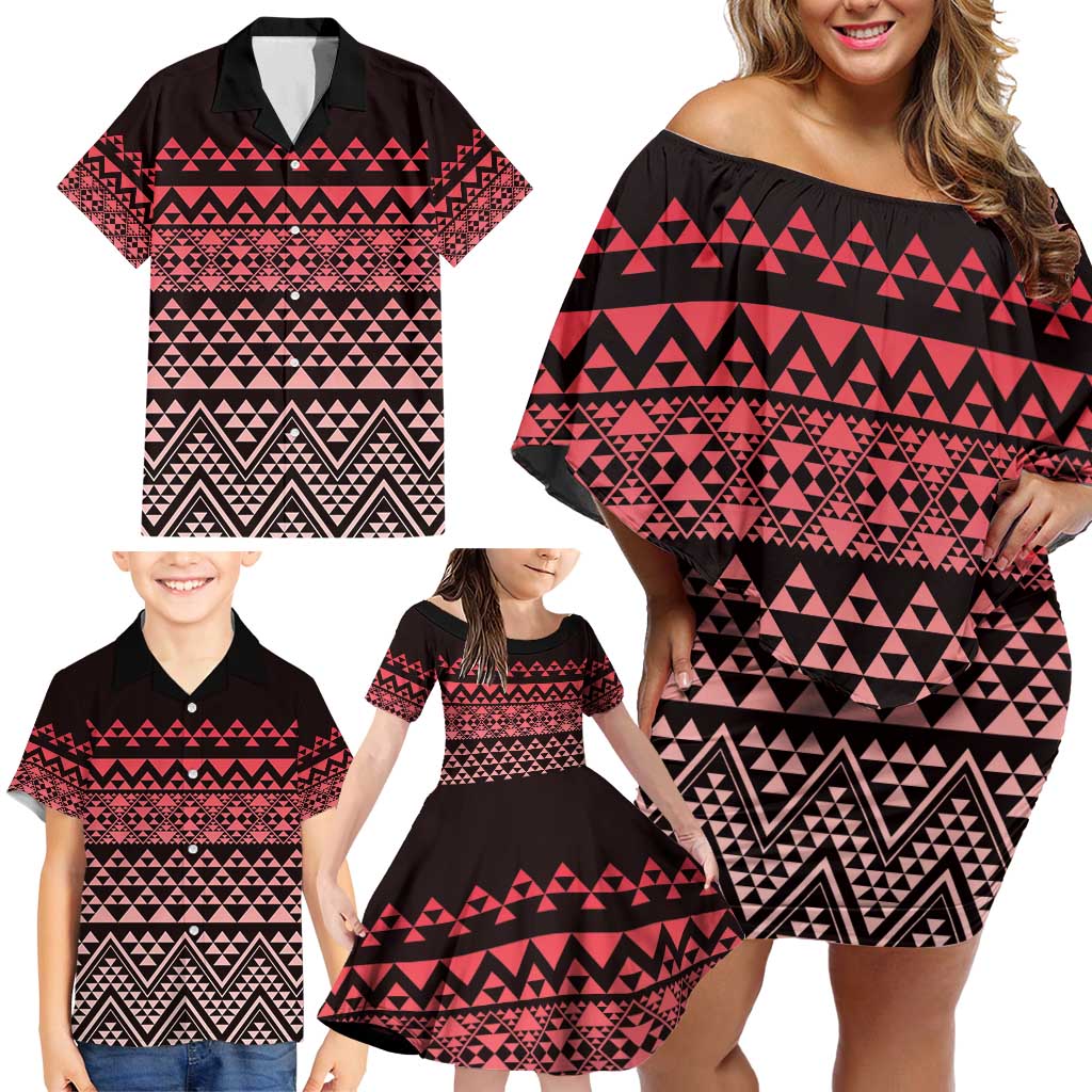 Maori Niho Taniwha Te Wheiao Family Matching Off Shoulder Short Dress and Hawaiian Shirt Terracotta LT7 - Polynesian Pride