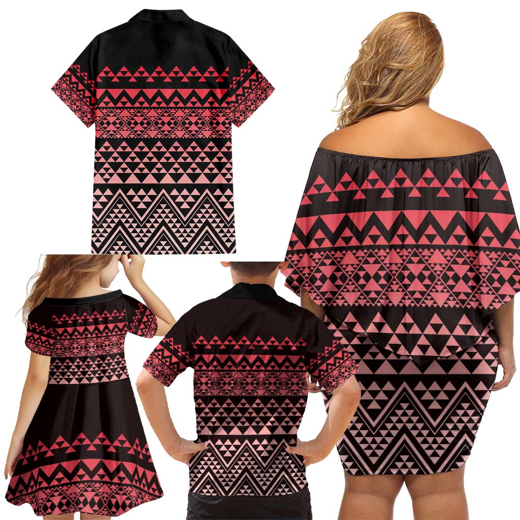 Maori Niho Taniwha Te Wheiao Family Matching Off Shoulder Short Dress and Hawaiian Shirt Terracotta LT7 - Polynesian Pride