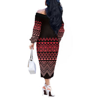 Maori Niho Taniwha Te Wheiao Off The Shoulder Long Sleeve Dress Terracotta - Polynesian Pride