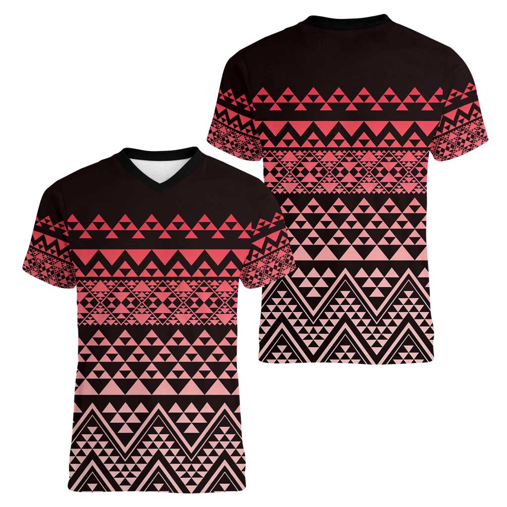 Maori Niho Taniwha Te Wheiao Women V-Neck T-Shirt Terracotta - Polynesian Pride