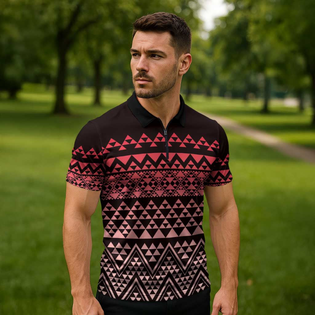 Maori Niho Taniwha Te Wheiao Zipper Polo Shirt Terracotta - Polynesian Pride