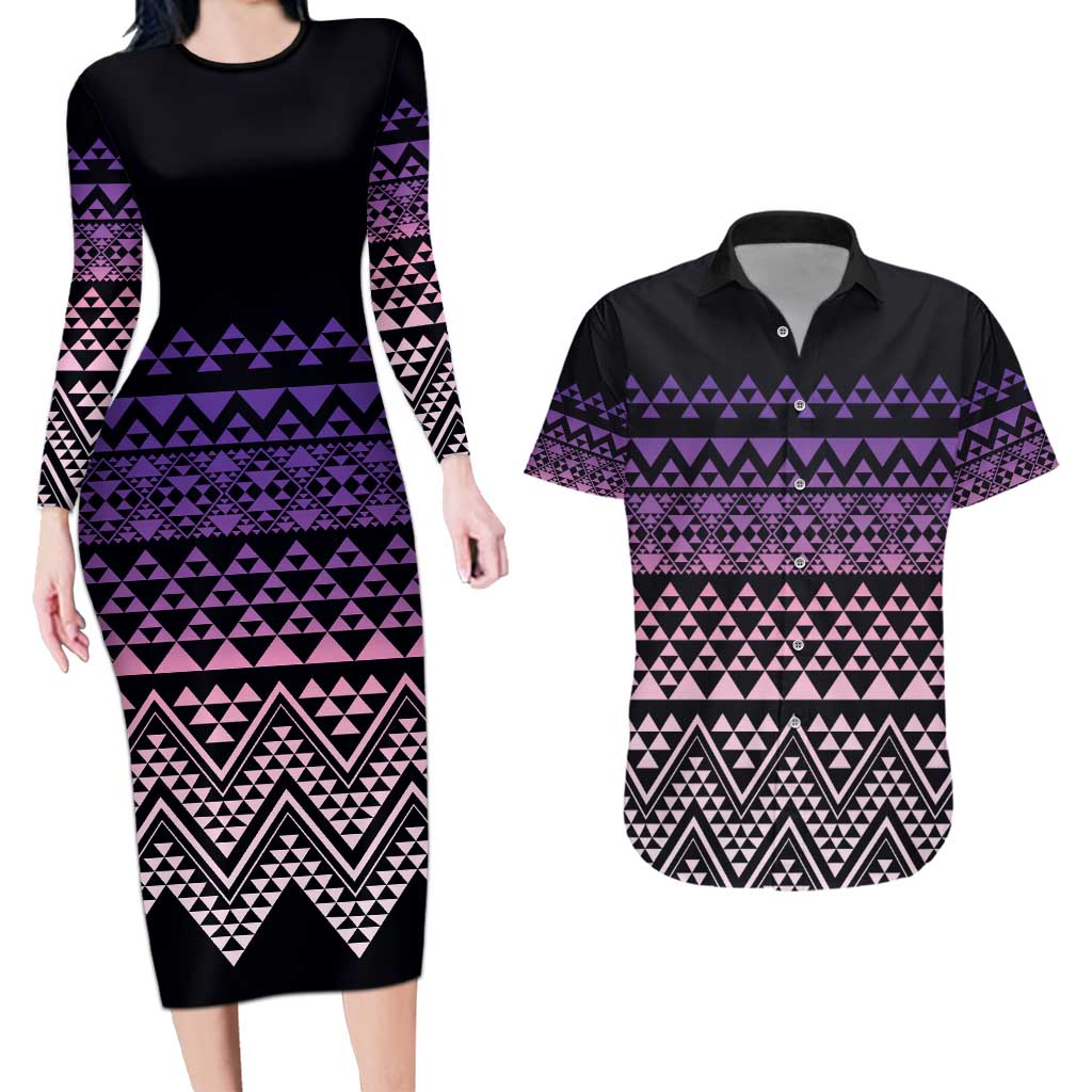 Maori Niho Taniwha Te Wheiao Couples Matching Long Sleeve Bodycon Dress and Hawaiian Shirt Waiporoporo LT7 Purple - Polynesian Pride