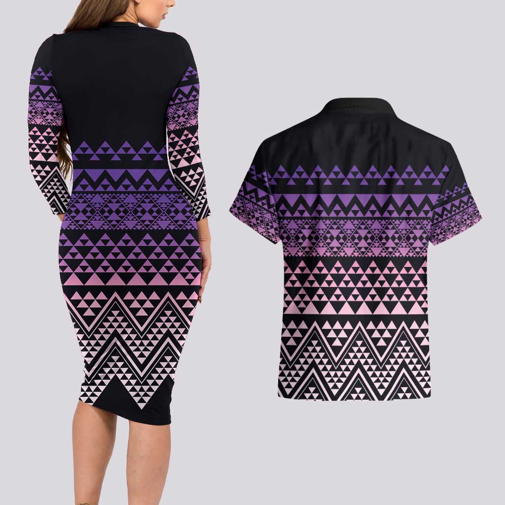 Maori Niho Taniwha Te Wheiao Couples Matching Long Sleeve Bodycon Dress and Hawaiian Shirt Waiporoporo LT7 - Polynesian Pride