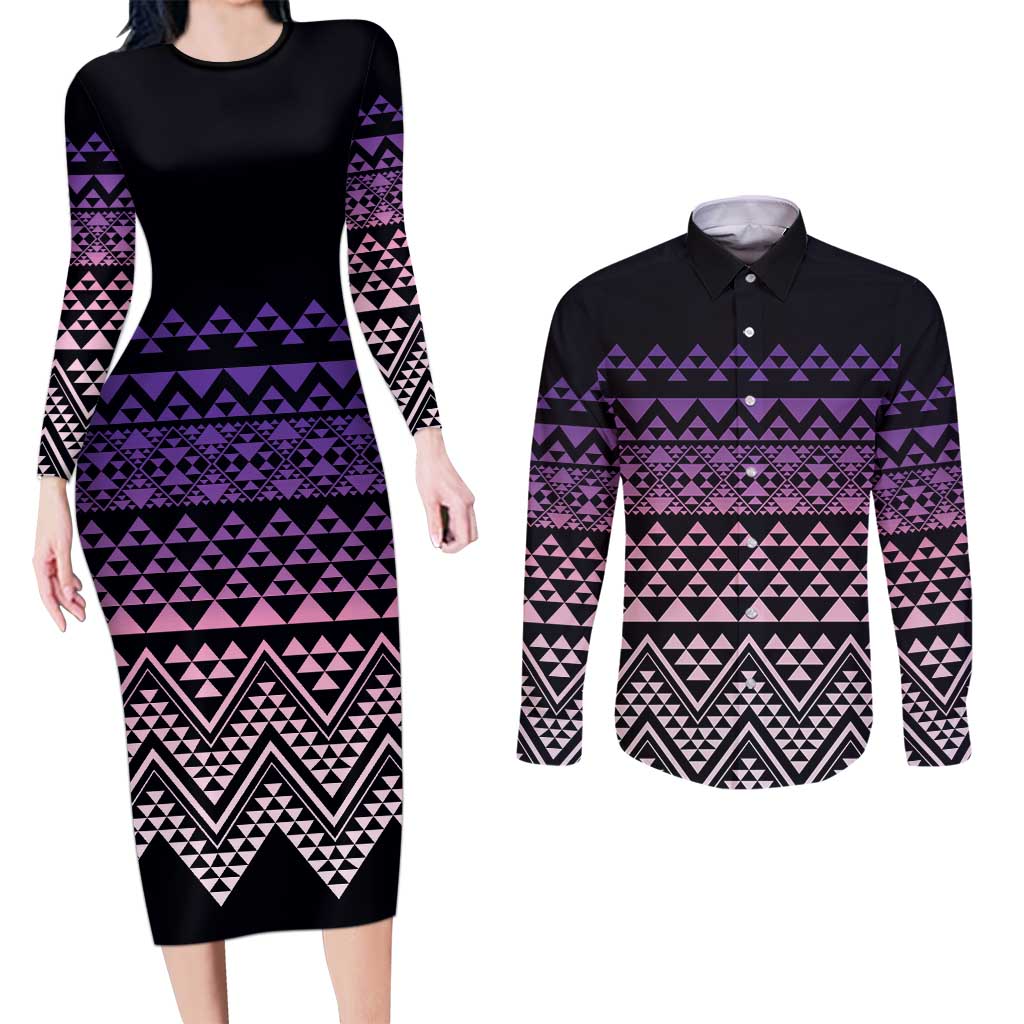 Maori Niho Taniwha Te Wheiao Couples Matching Long Sleeve Bodycon Dress and Long Sleeve Button Shirt Waiporoporo LT7 Purple - Polynesian Pride