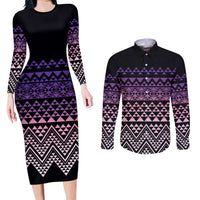 Maori Niho Taniwha Te Wheiao Couples Matching Long Sleeve Bodycon Dress and Long Sleeve Button Shirt Waiporoporo LT7 Purple - Polynesian Pride