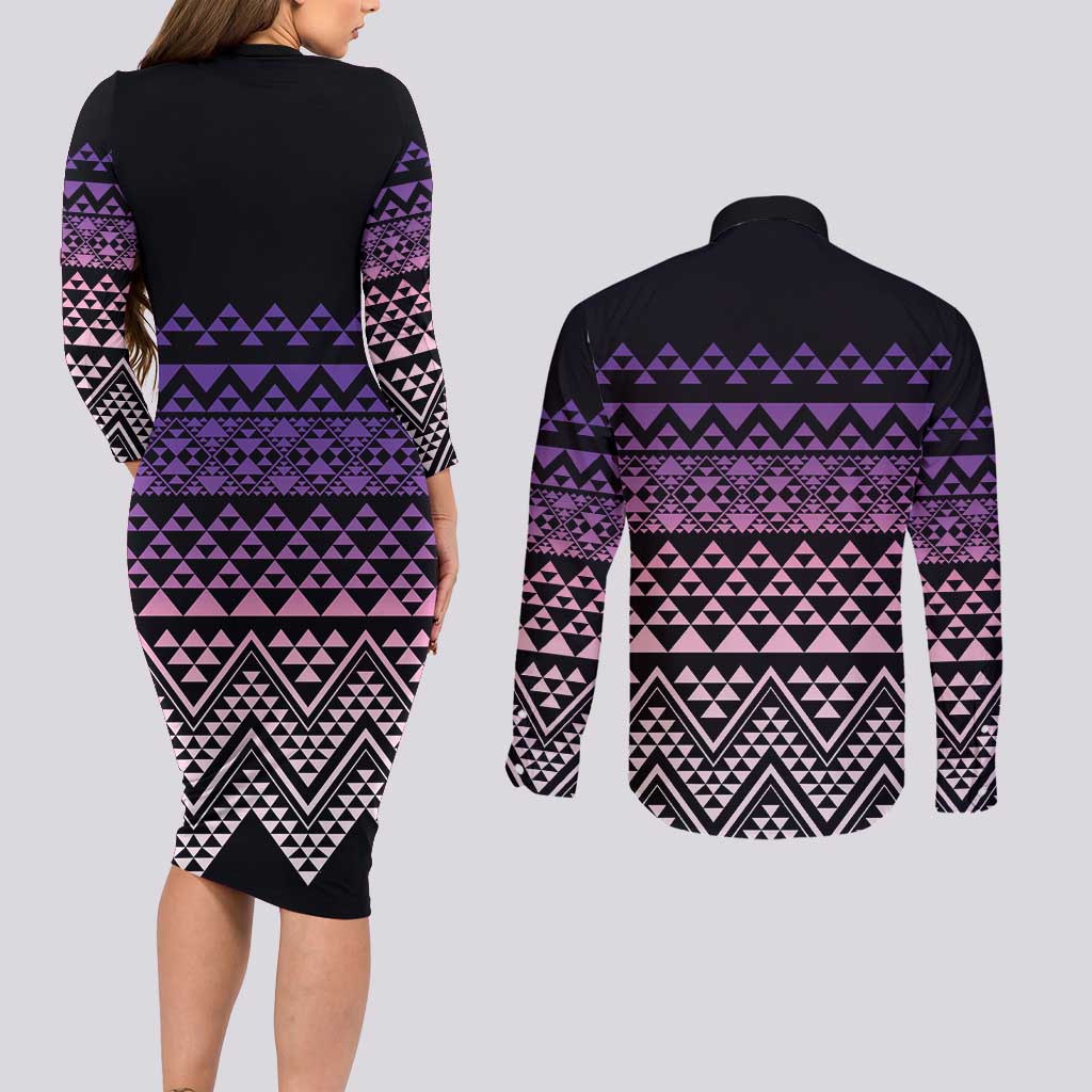 Maori Niho Taniwha Te Wheiao Couples Matching Long Sleeve Bodycon Dress and Long Sleeve Button Shirt Waiporoporo LT7 - Polynesian Pride