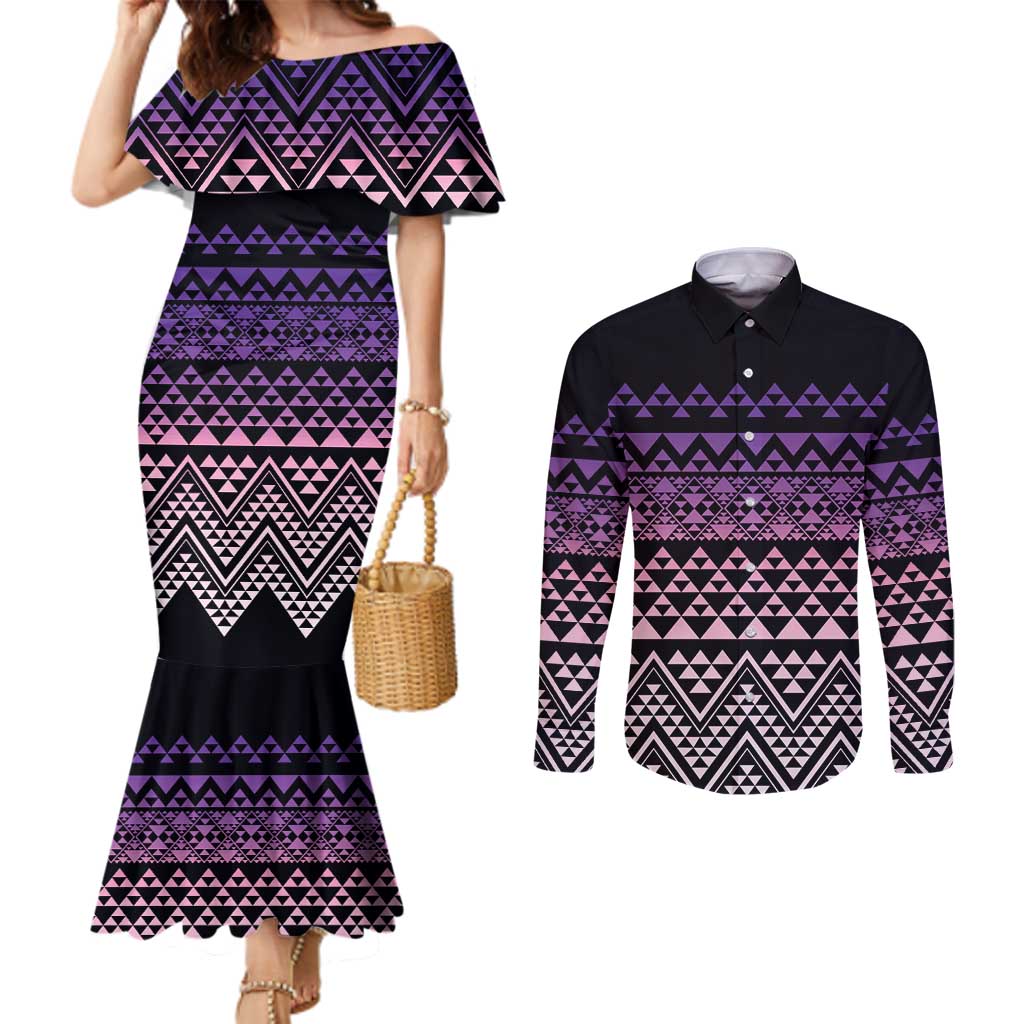 Maori Niho Taniwha Te Wheiao Couples Matching Mermaid Dress and Long Sleeve Button Shirt Waiporoporo LT7 Purple - Polynesian Pride