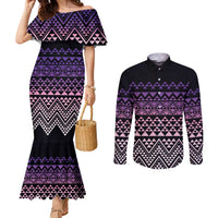 Maori Niho Taniwha Te Wheiao Couples Matching Mermaid Dress and Long Sleeve Button Shirt Waiporoporo LT7 Purple - Polynesian Pride