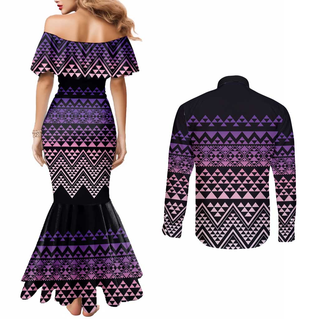 Maori Niho Taniwha Te Wheiao Couples Matching Mermaid Dress and Long Sleeve Button Shirt Waiporoporo LT7 - Polynesian Pride