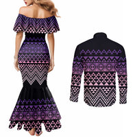 Maori Niho Taniwha Te Wheiao Couples Matching Mermaid Dress and Long Sleeve Button Shirt Waiporoporo LT7 - Polynesian Pride