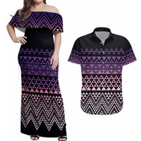 Maori Niho Taniwha Te Wheiao Couples Matching Off Shoulder Maxi Dress and Hawaiian Shirt Waiporoporo LT7 Purple - Polynesian Pride